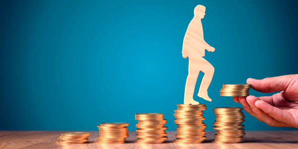 Graphic of person climbing staircase made of coins