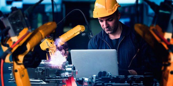 Man on computer operating machinery